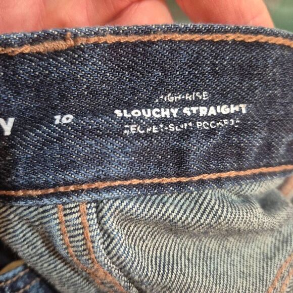 Old Navy Women's Dark Wash High Rise Button Fly Slouchy Straight Cotton Jeans - Picture 10 of 11